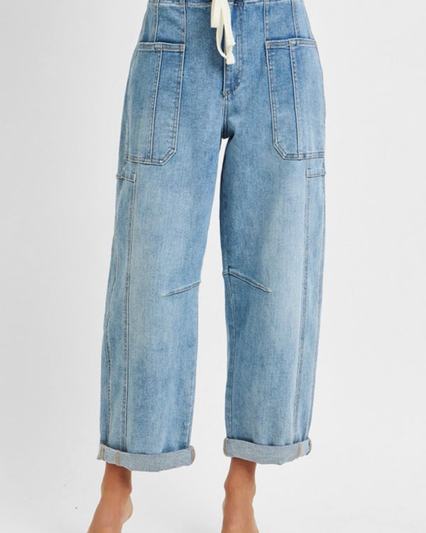 Risen High Rise Crop Wide Barrel Cargo Pocket Denim Jean Pants