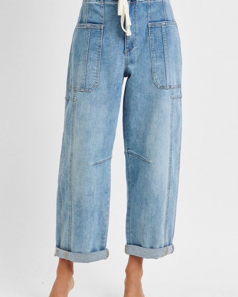 Risen High Rise Crop Wide Barrel Cargo Pocket Denim Jean Pants