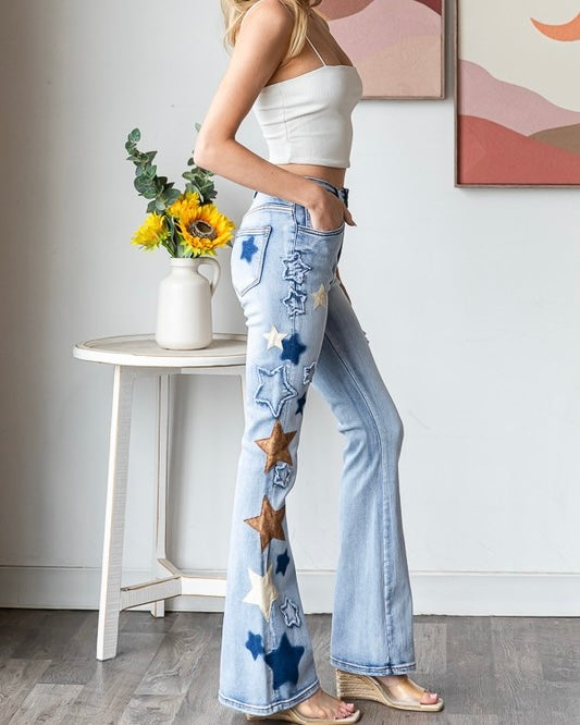 Washed Star Patch Boot Cut Flare Denim Blue Jean Pant
