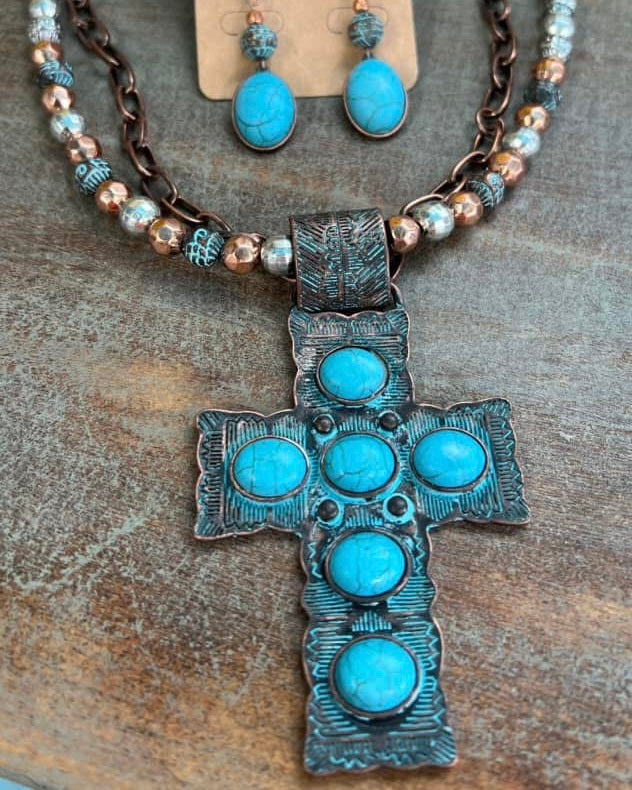 Double Strand Copper Link Chain & Silver & Copper Bead Necklace w/Large Faux Turquoise & Copper Cross Pendant