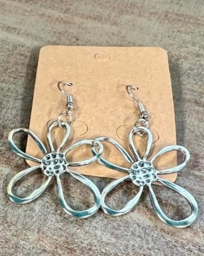 Silver Tone Open Flower Metal Drop Earrings