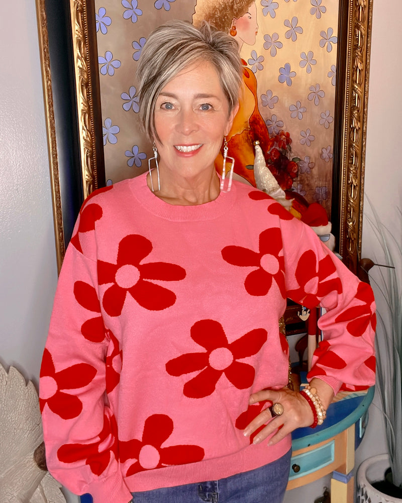 Red on Pink Large Flower Power Sweater