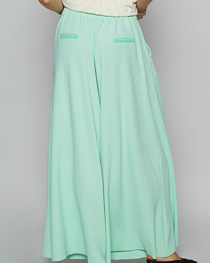 Solid Mint Turquoise Blue Wide Flare Drawstring Elastic Waist Pocket Lounge Pant