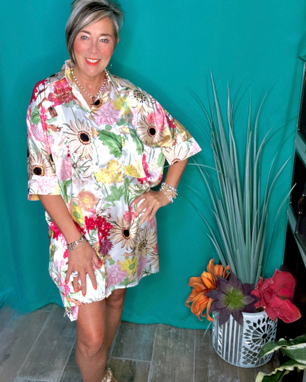 White & Pink Floral Satin Button Down Short Sleeve Collar Dress