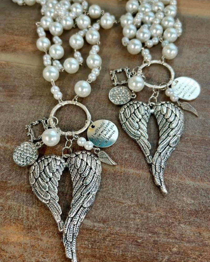 Long Pearl Beaded Necklace with Silver Open Heart Angel Wings & Charm Pendant