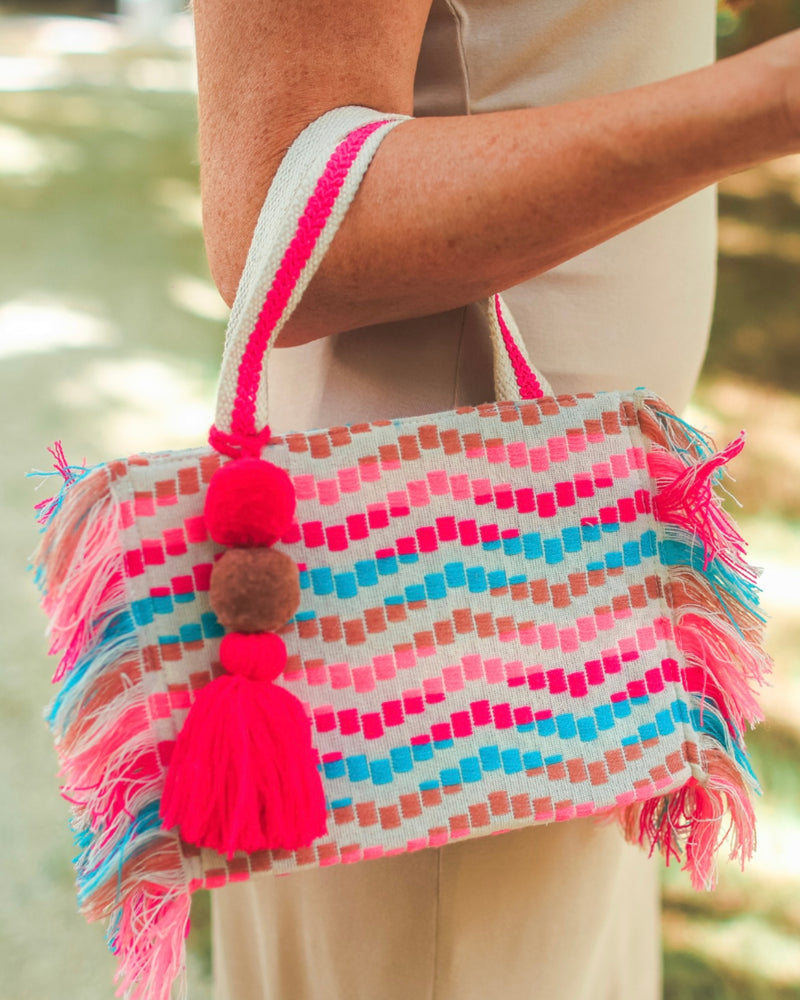 Small Surfside Multicolor Tassel Trim Pom Pom Handbag Purse