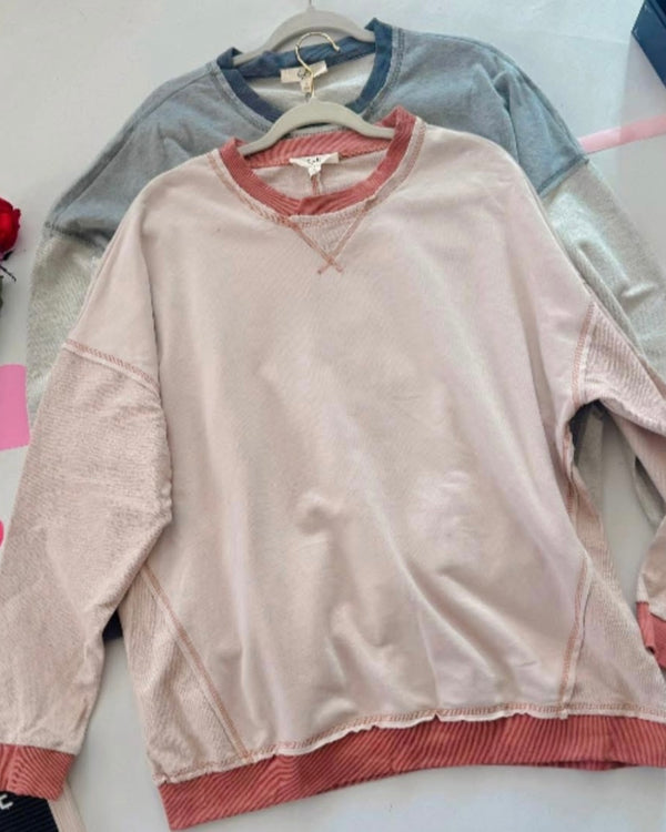 Two Tone Gray or Blush Mauve Textured Long Sleeve Sweatshirt Pullover Top