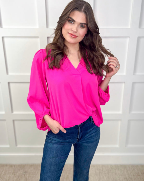 Plus Size Solid Pink 3/4 Balloon Sleeve VNeck Jamie Top