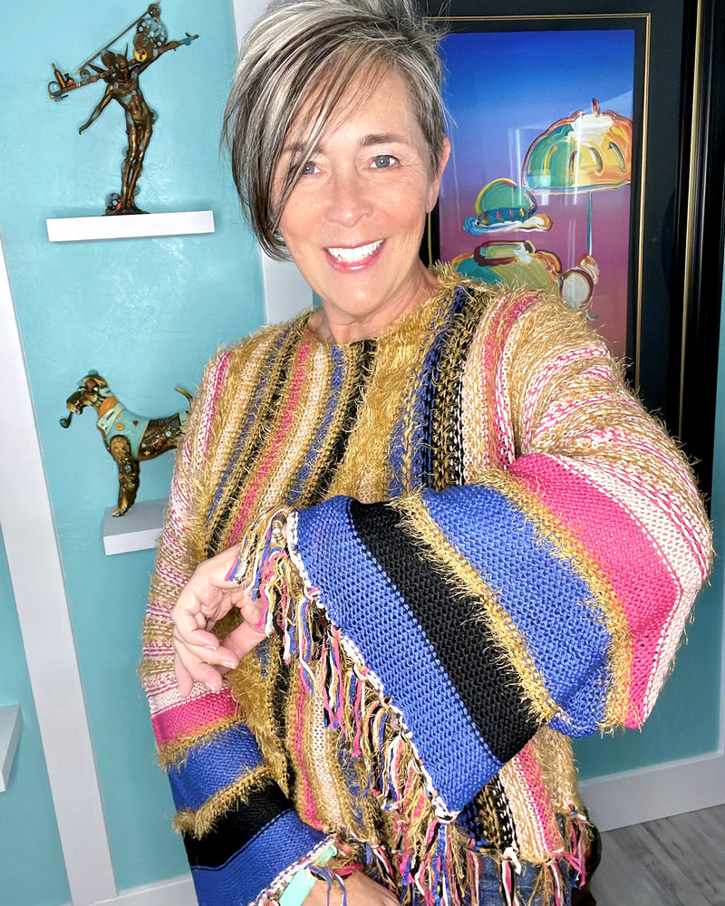 Brown & Magenta Multicolor Stripped Scoop Neck Boxy Drop Shoulder Bell Sleeve Fringe Sweater Top