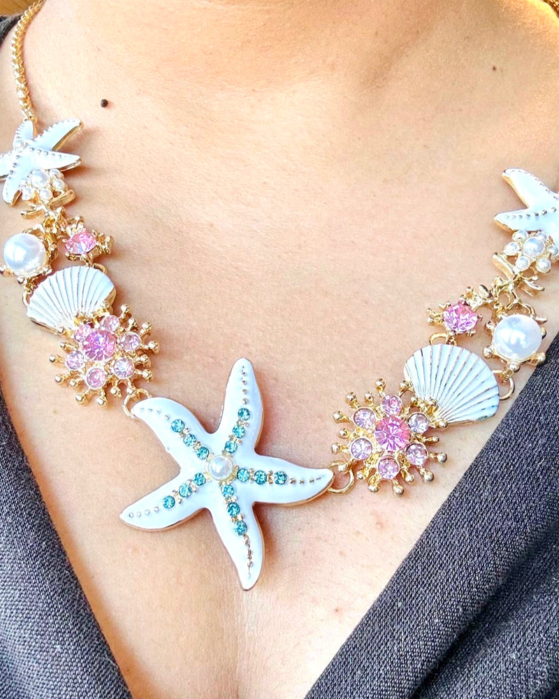 Beach Themed Rhinestone Starfish Faux Pearl Necklace and Bracelet Sets