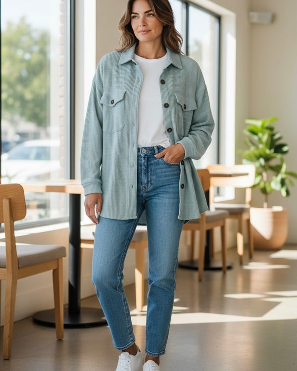 Gray or Blue Ribbed Long Sleeve Button Down Collared Shirt Jacket