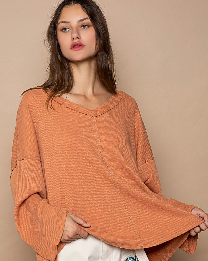 Burnt Topaz Terra Cotta VNeck Long Sleeve Oversized Texture Raw Edge Top