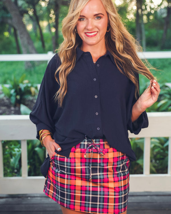 Blue, Pink & Orange Plaid Pocket Skort