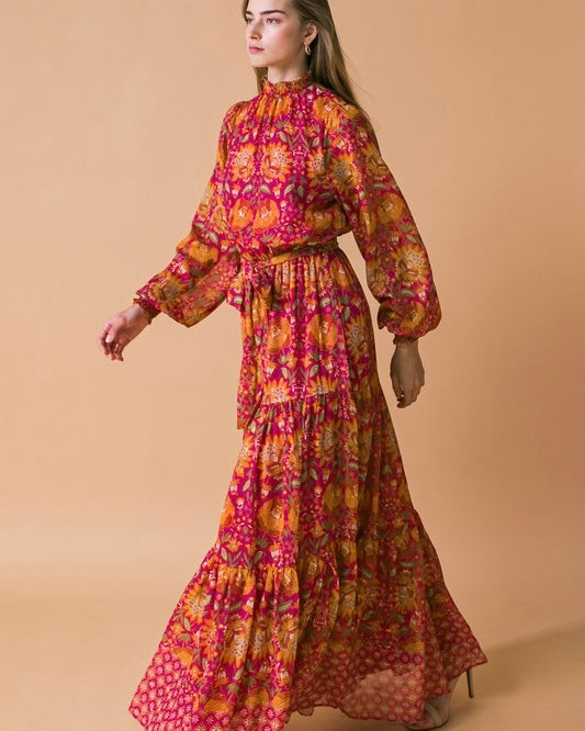 Magenta Orange Mix Floral Print Long Sleeve Maxi Dress