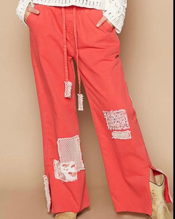 Apple Red Orange Straight Leg Mix Media Denim Patch Jean Pant