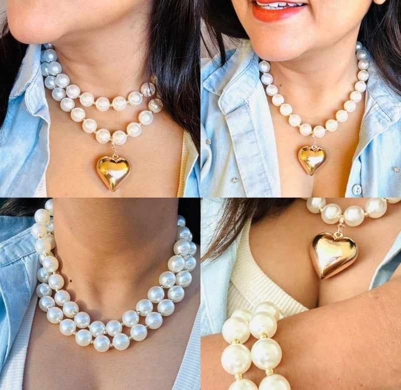 Double Pearl Beaded Chunky Short Necklace with Gold Heart Pendant