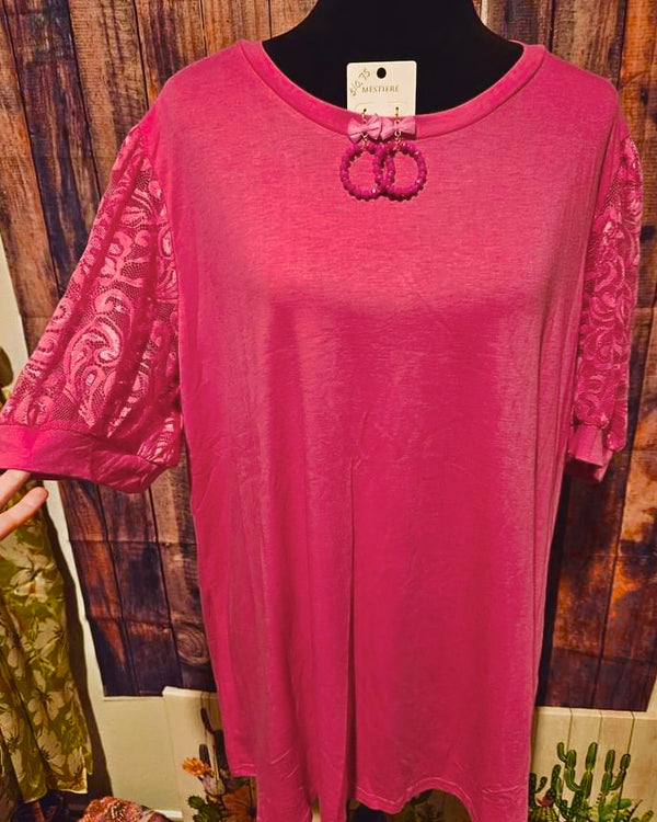 Solid Hot Pink T-shirt Top with Lace Puff Sleeves