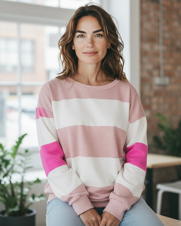 Pink & White Bold Block Striped Contrast Long Sleeve Sweatshirt Top