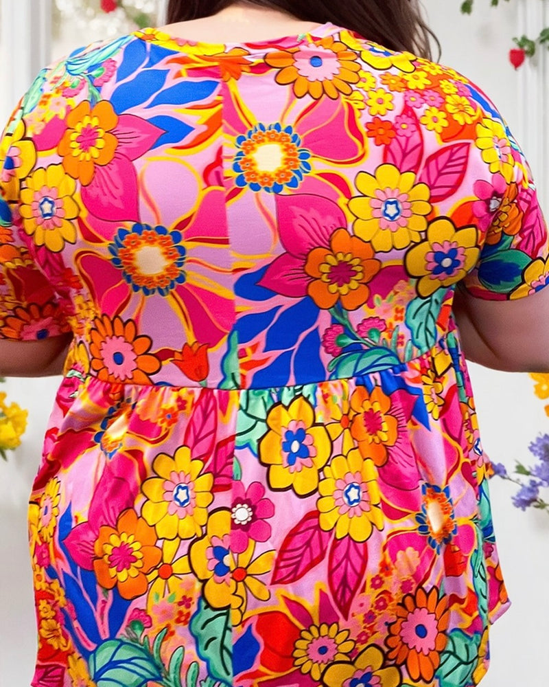 Plus Size Bright Pink & Yellow Floral Babydoll T-Shirt Short Sleeve Top