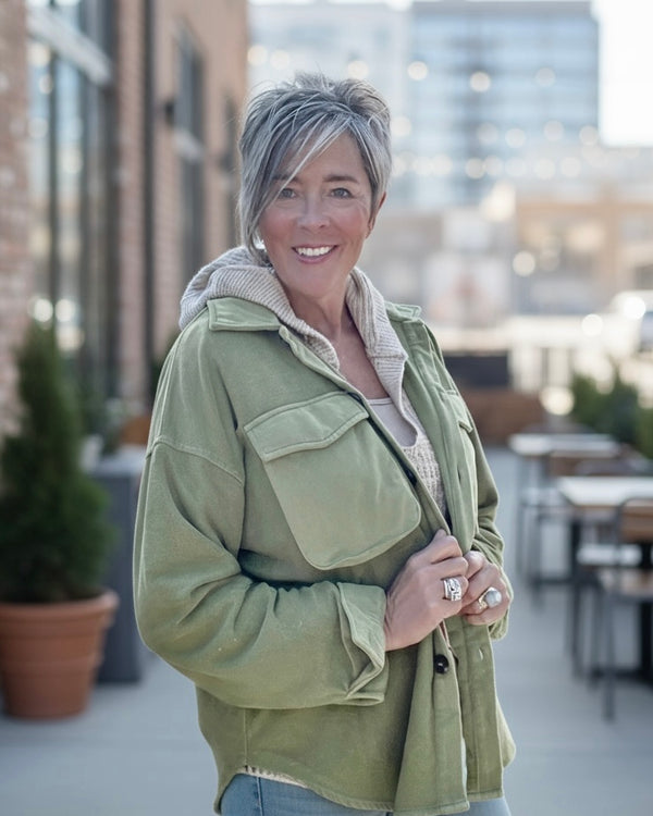 Green or Terra Cotta Fleece Button Down Front Pocket Long Sleeve Shacket