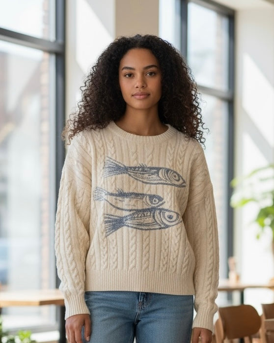 Cream Cable Knit Fish Stitched Long Sleeve Sweater Top