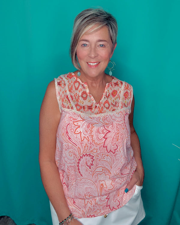 Pink Boho Paisley Short Cap Sleeve Top