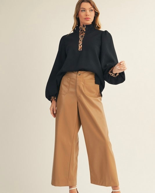 Solid Black Mock Button Neck Long Balloon Sleeve Leopard Accent Top