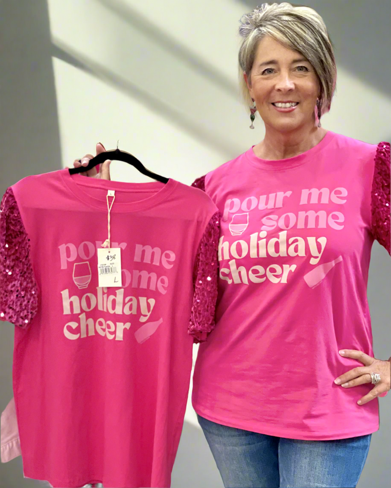 Pink “Pour Me Some Holiday Cheer” Sequin Christmas Short Sleeve Tshirt