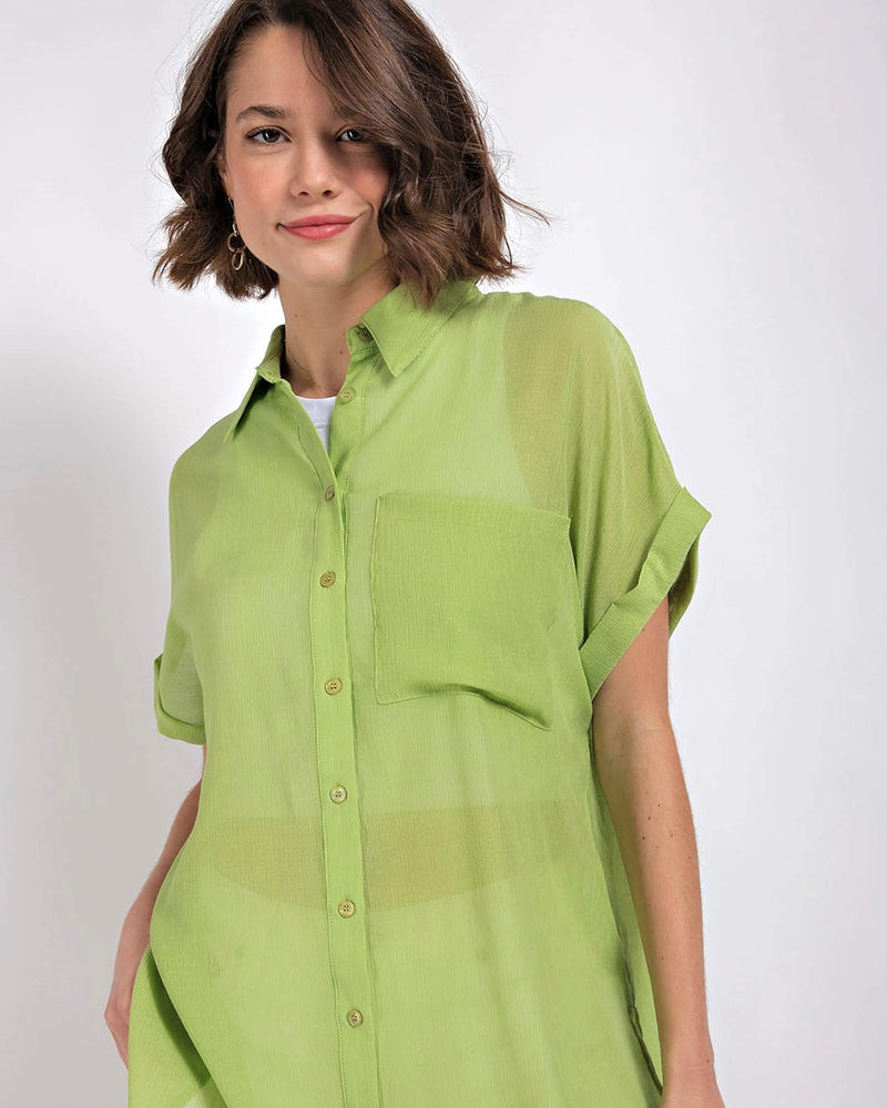 Plus Size Crinkled Oversized Lime Green Button Down Short Rolled Sleeve Collared Tunic Top