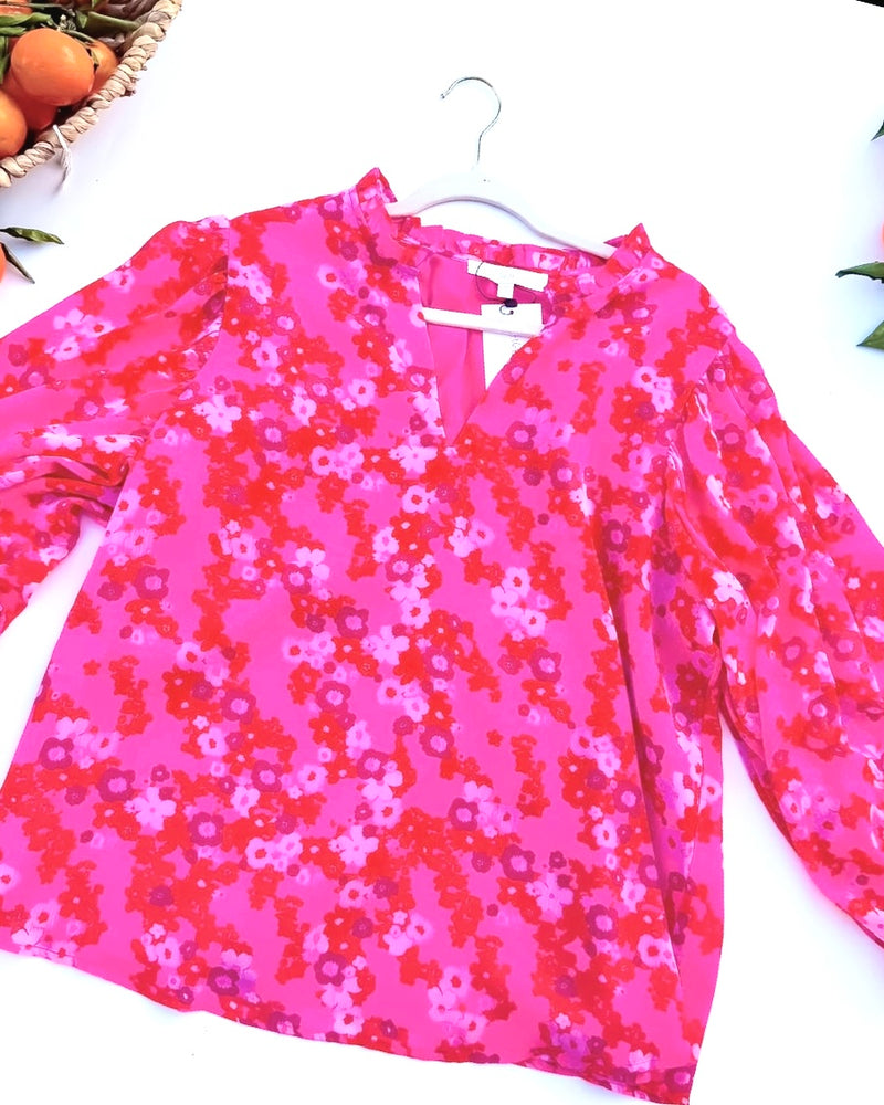 Plus Size Pink & Red Floral Ruffle Open Neck Long Balloon Sleeve Blouse Top