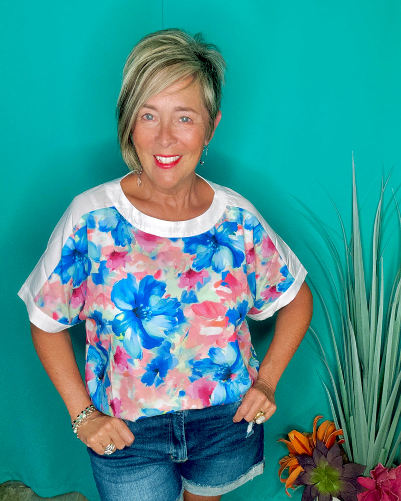 Blue & Pink w/White Trim Brushstroke Bloom Floral Short Sleeve Top