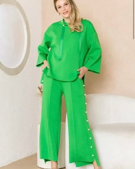 2 pc Bright Apple Green, Bright or Light Pink Pearl Embellished Luxury Lounge Pant Set