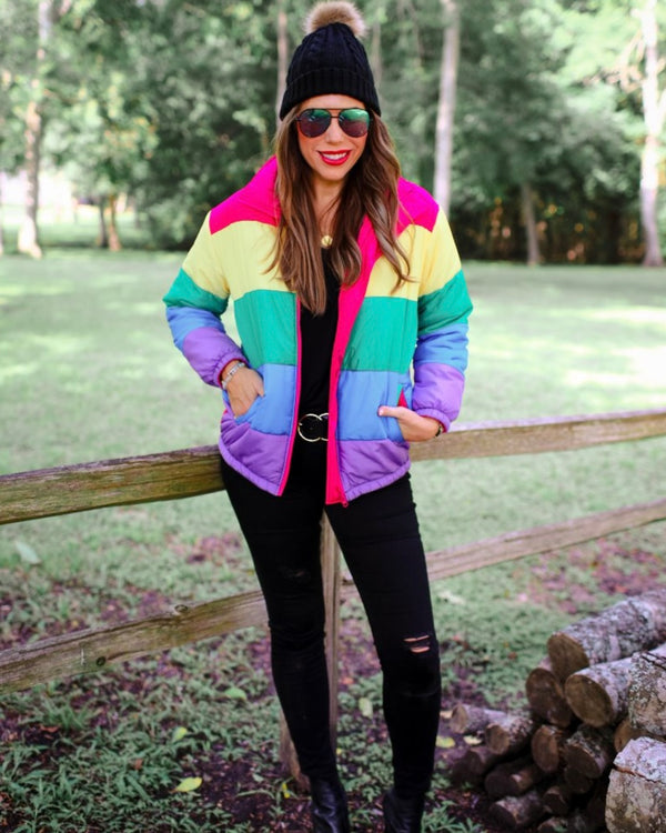 Plus Size Rainbow Multicolor puffer Zip Front Jacket