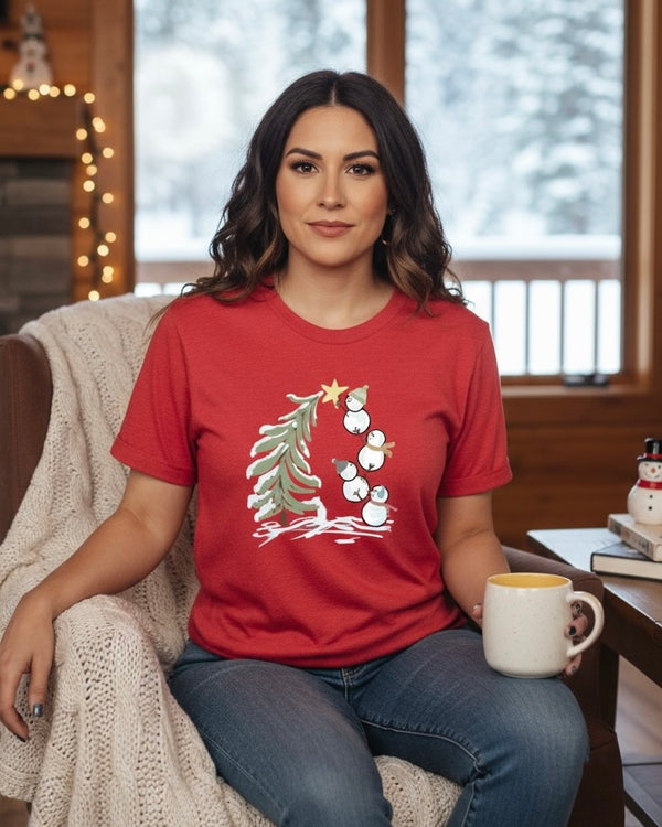 Red Christmas Tree & Snowmen Short Sleeve Tshirt Tee Top