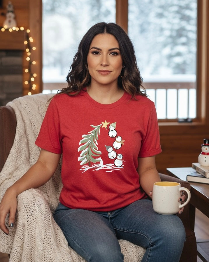 Red Christmas Tree & Snowmen Short Sleeve Tshirt Tee Top