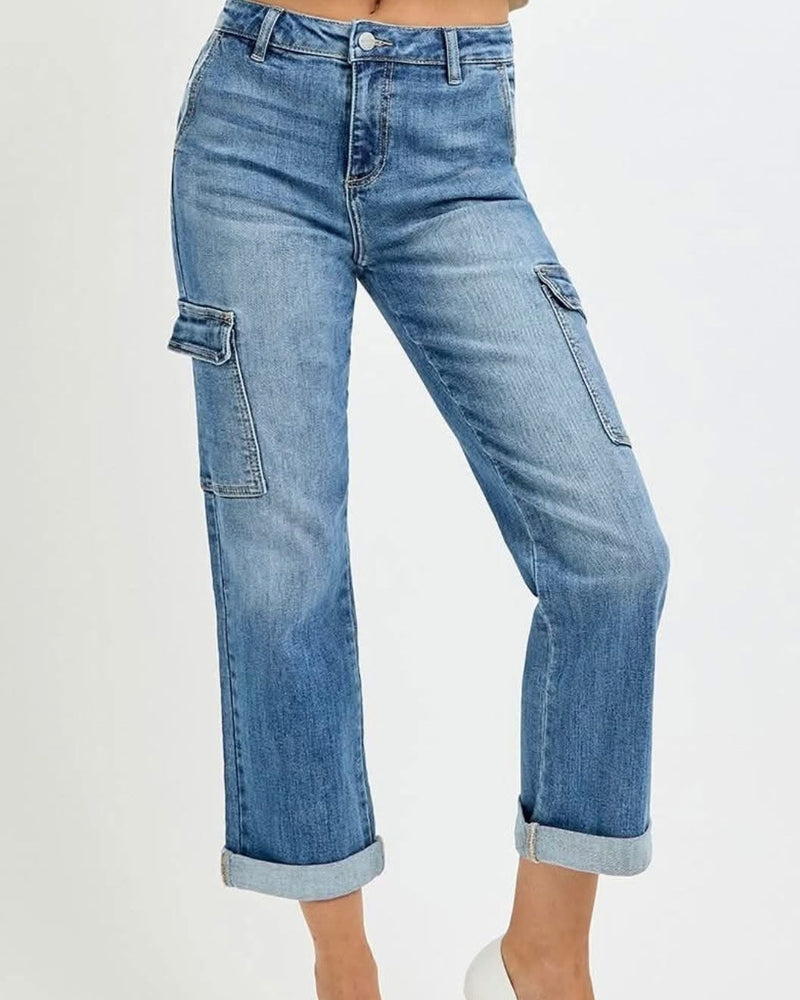 Risen RDP5659 High Rise Crop Straight Cargo Side Pocket Roll Up Denim Jeans