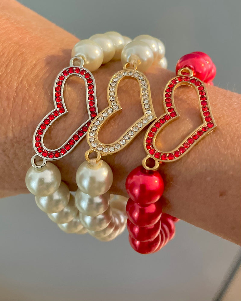 White Pearl or Red Pearl Rhinestone Heart Stretch Bracelet