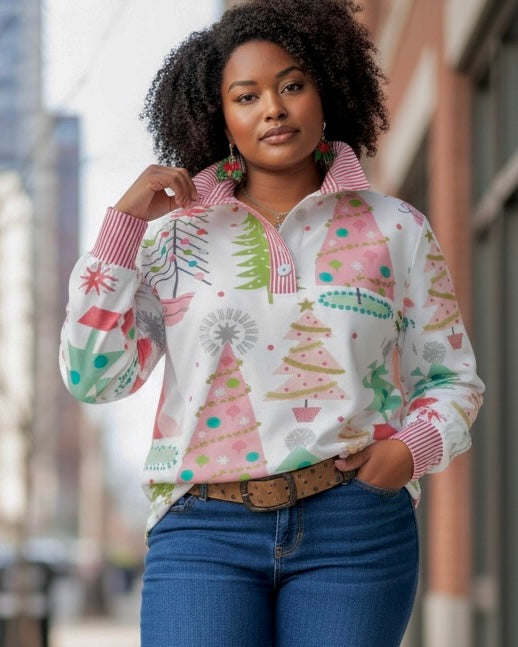 White Multicolor Christmas Trees Contrast Stripe Christmas Top