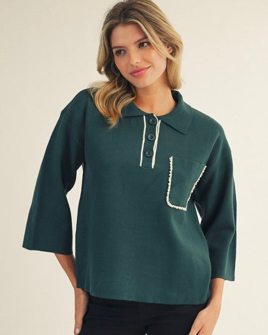 Emerald Green Pearl Accent Polo 3/4 Sleeve Sweater Top