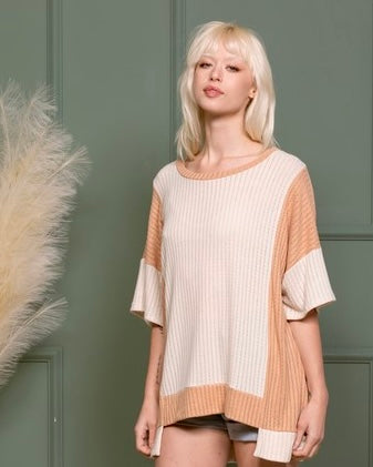Cream & Tan Color Block Fleece Ribbed Light Knit 3/4 Sleeve Top