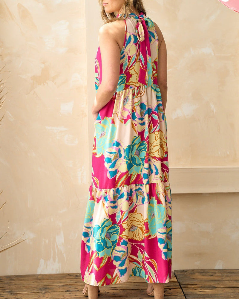 Pink Magenta, Turquoise Tropical Floral Print on Tan Halter Neck Sleeveless Maxi Sundress