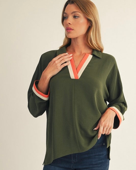 Solid Olive Green Color Stripe Contrast Band Long Sleeve VNeck Top