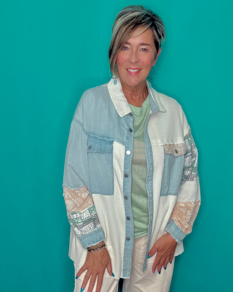 Boho Khaki Denim, Waffle & Lace Hi Lo Oversized Patch Balloon Sleeve Button Down Shirt/Jacket