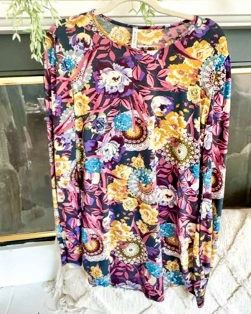 Plus Size Mauve Purple & Blue Floral Long Sleeve Top