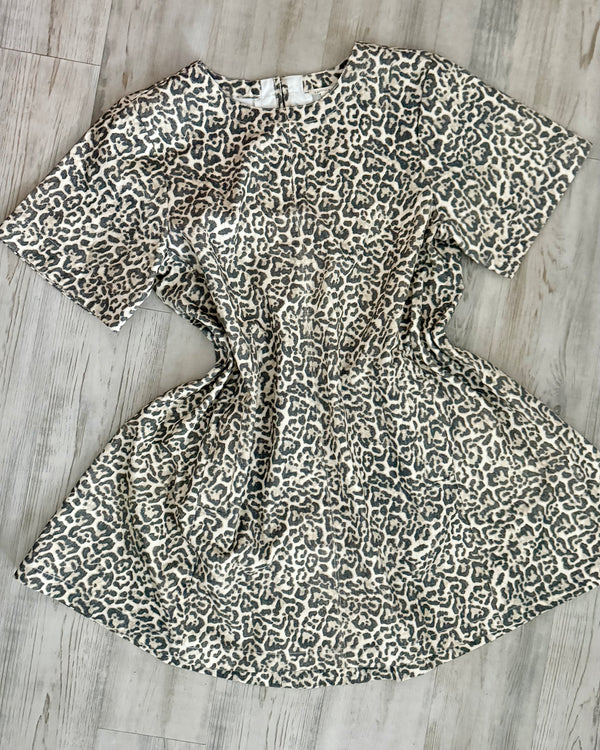 Brown Leopard Animal Print Short Sleeve Denim Dress