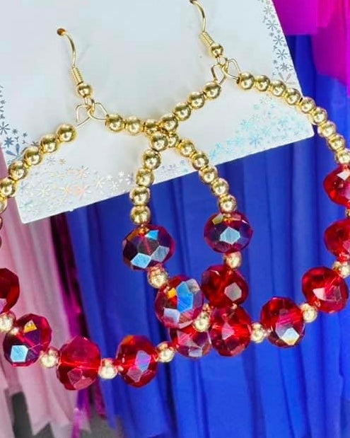 Blue or Red w/Gold Beaded Hoop Dangle Earrings