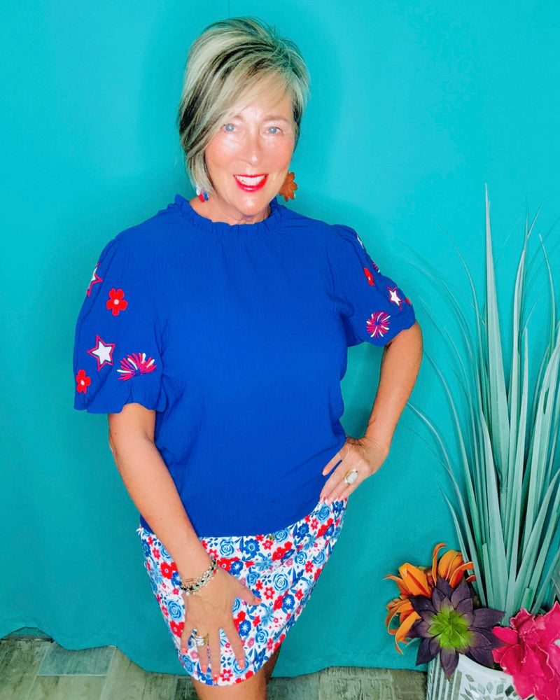 RWB Patriotic Princess Blue & Red Embroidery Puff Short Sleeve Ruffle Neck Top