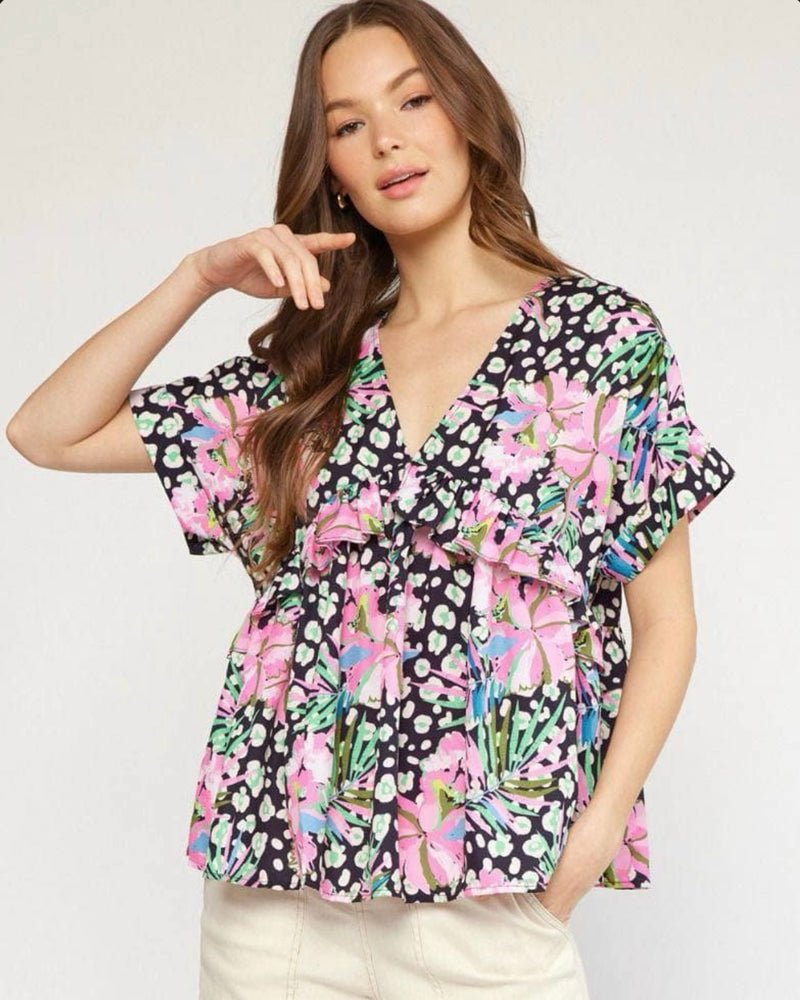 Black & Pink Floral VNeck Short Sleeve Top