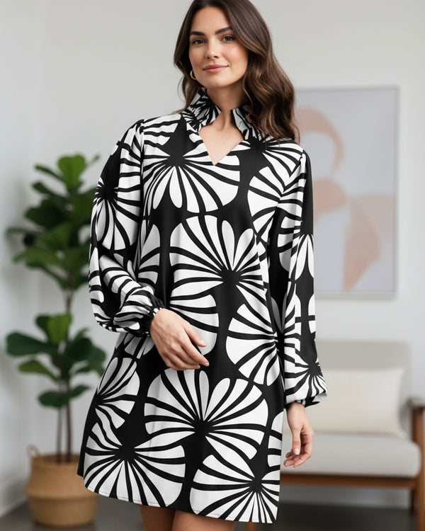 Black & White Abstract Print Long Sleeve Open Ruffle Neck Dress
