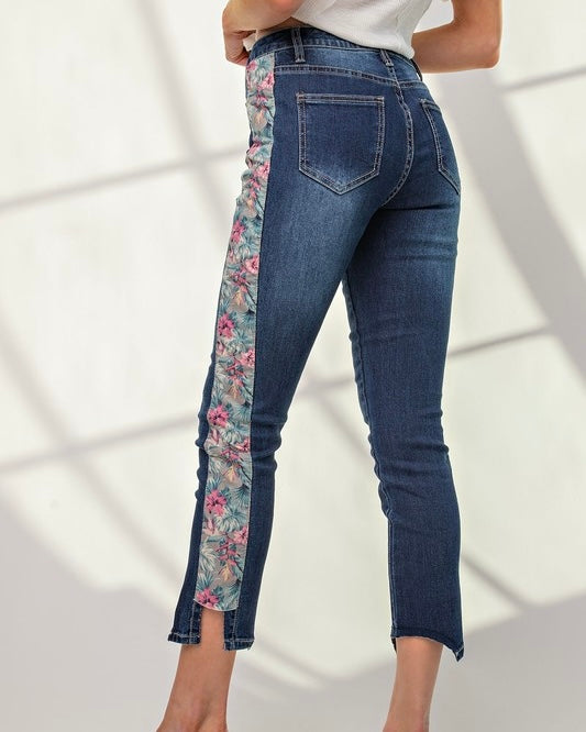Dark Wash Stretched Denim High Rise Skinny Contrasting Floral Inset Jeans